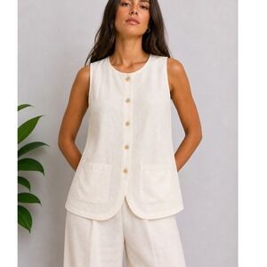 Sincerely Jules Cream Linen Blend Button Vest | Minimalist Sleeveless Top |NWT M